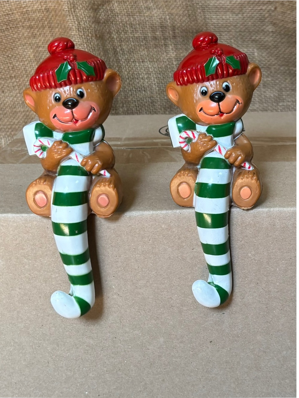Vintage Teddy Bear Shelf Sitter Stocking Holders Christmas Kitsch Holiday READ